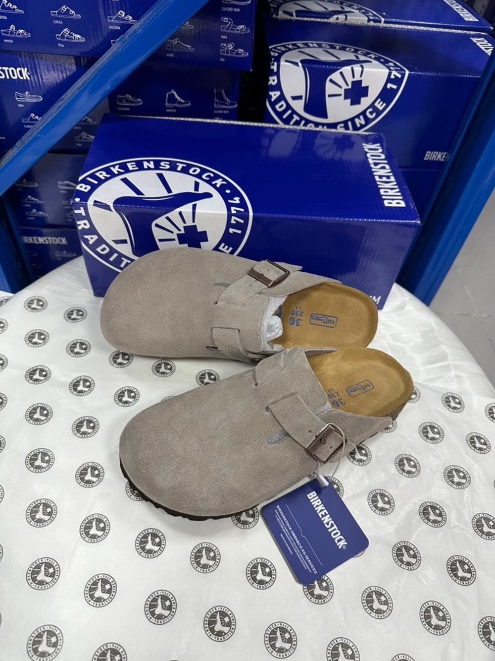 BIRKENSTOCK Boston taupe suede mule clogs